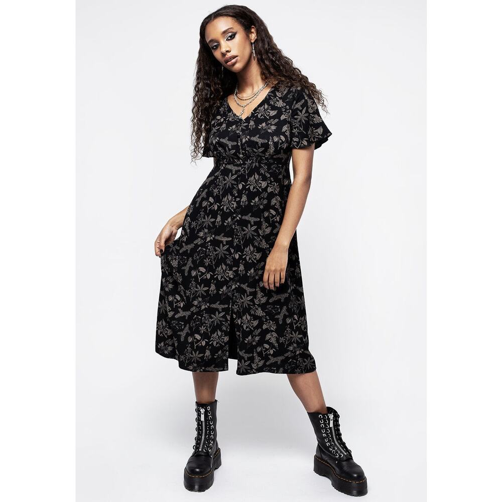 DISTURBIA Size US10 Poisonous Plants Short Sleeve Midi Dress A-Line Gothic